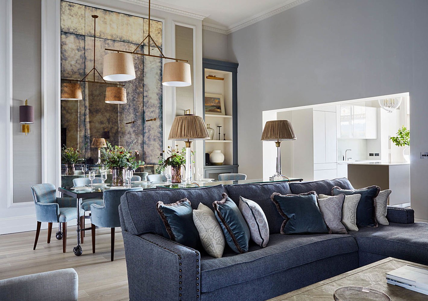 View into the bulthaup b3 kitchen from the Sims Hilditch designed into living space. For more interior photography visit https://www.simshilditch.com/projects/grade-i-regency-townhouse