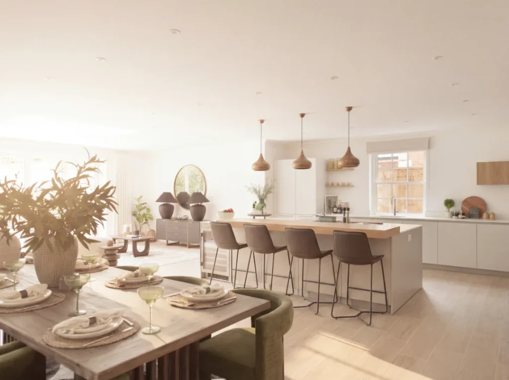 Contemporary fitted kitchen with island in a Winchester new-build home