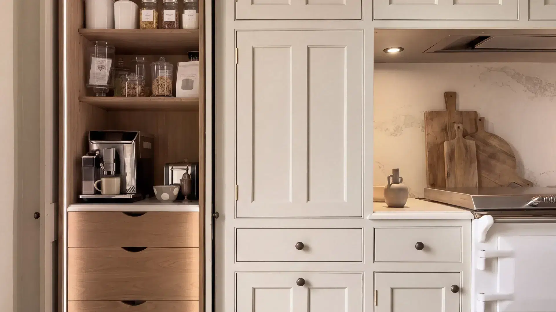 Bespoke pantry with pocket doors and integrated coffee machine