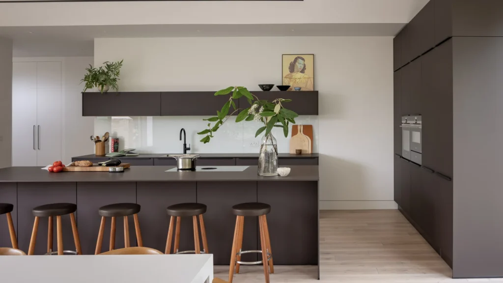 Contemporary kitchen integrated with adjoining dining and lounge areas