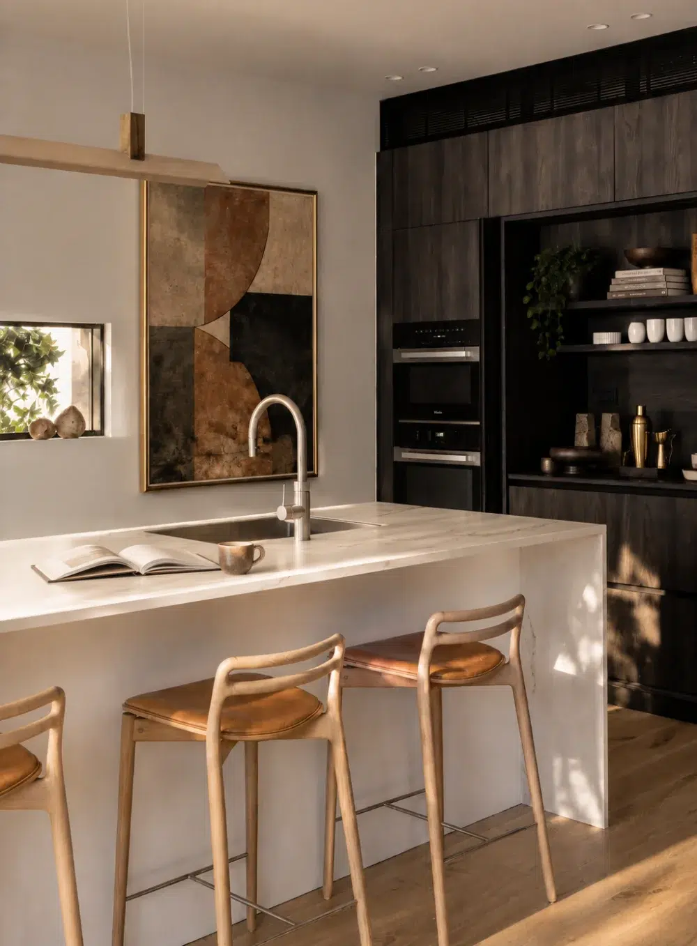 Light Arrital kitchen with a pale stone island, timber stools and black full-height cabinetry.