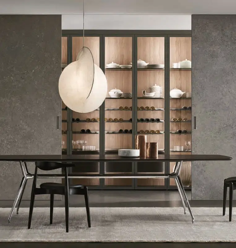 Rimadesio Graphis Light glass display storage integrated into a contemporary dining space