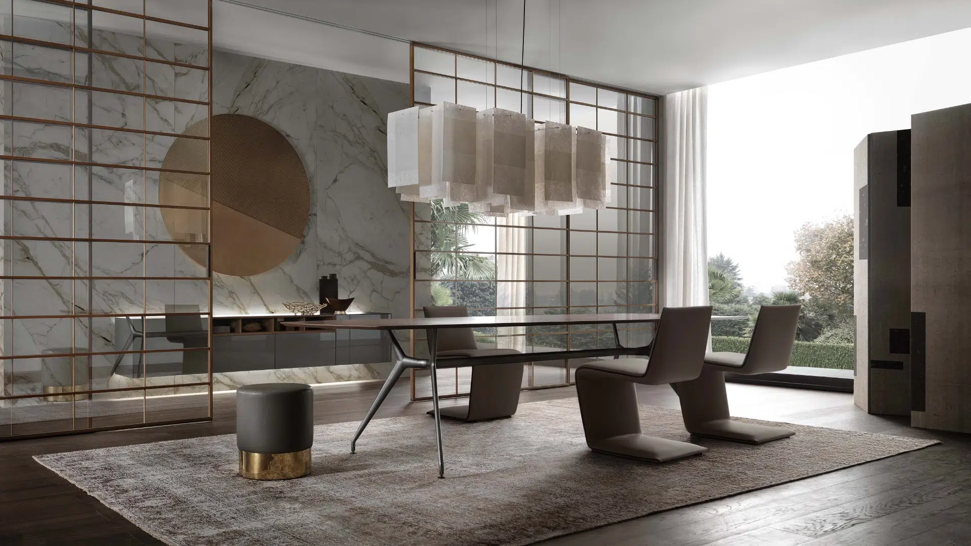 Rimadesio Soho sliding doors furniture in a contemporary interior with glazed partition doors