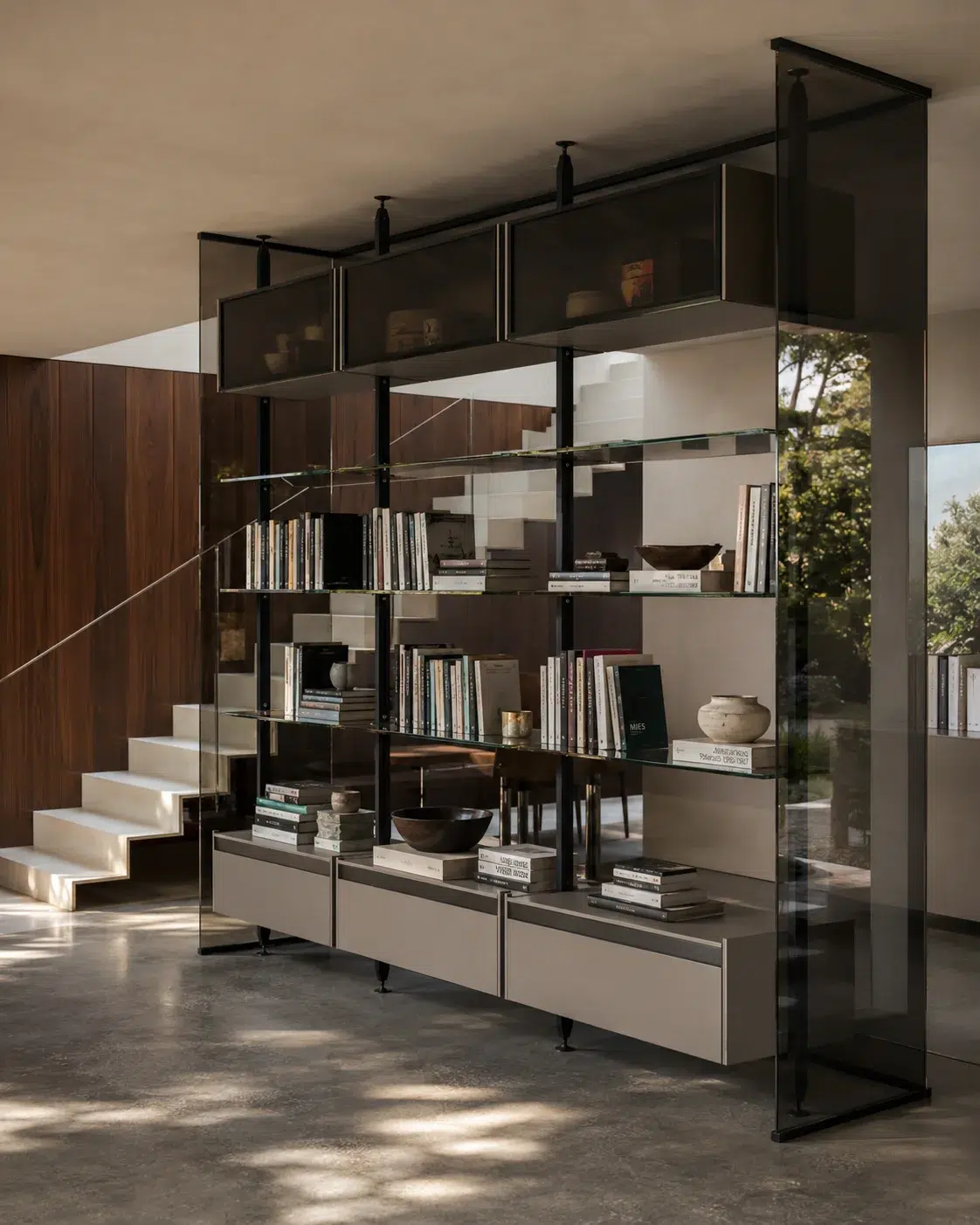 Floor-to-ceiling Arrital Living bookcase with open shelving and integrated storage