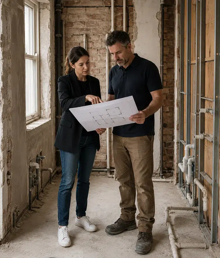 Bathroom designer explaining plans to installer on site