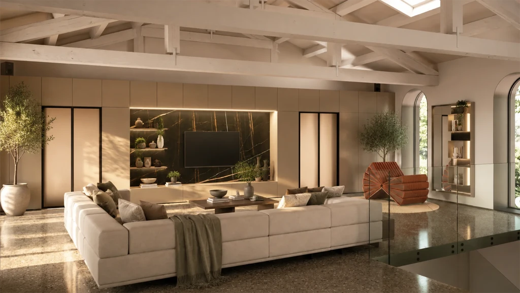 Contemporary lounge with integrated Arrital media wall, shelving and fitted storage