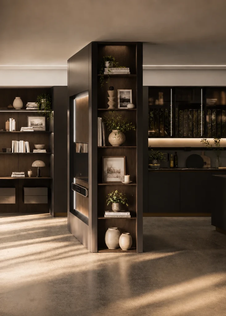 Arrital open shelving unit dividing a living space beside fitted media furniture