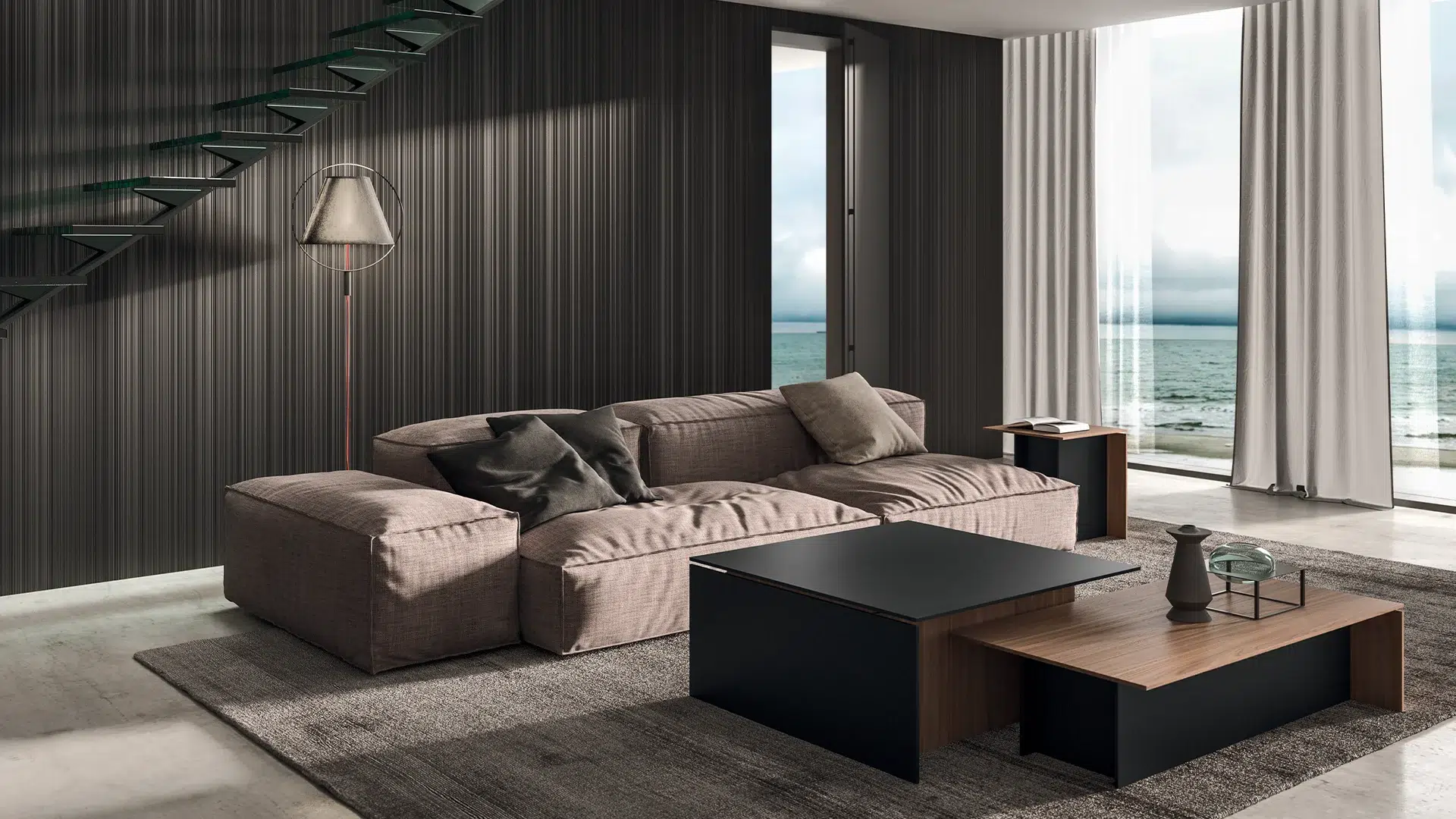 Arrital Living furniture with low storage and display cabinetry in a contemporary living room