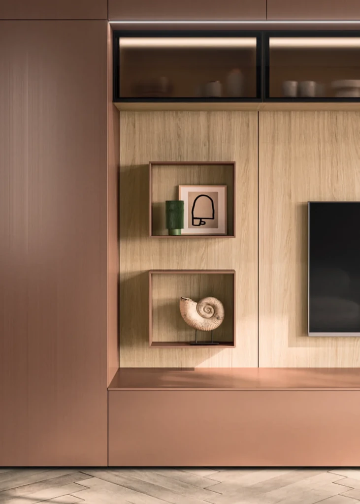 Arrital Living unit combining open display shelving with concealed storage