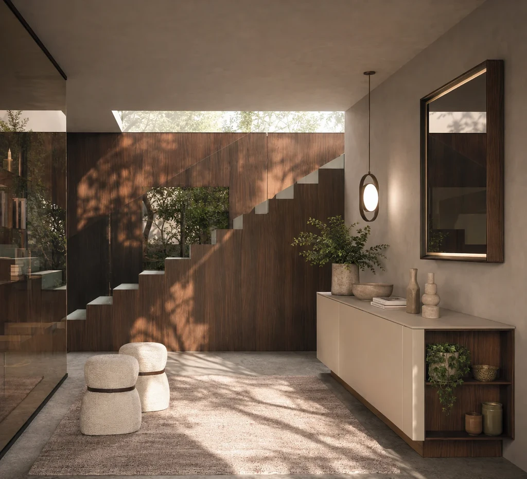 Arrital sideboard and fitted furniture beneath a contemporary staircase