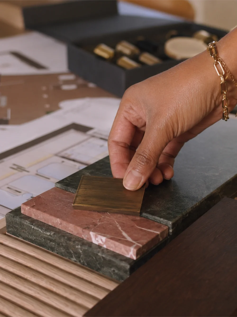 Designer Selecting Materials Bathroom Samples