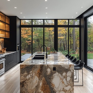 Modern Kitchen Island With Forest View: A Sleek, Modern Kitchen With A Large Island, Featuring A Stunning Marble Countertop And A View Of A Forest Through Expansive Glass Doors.