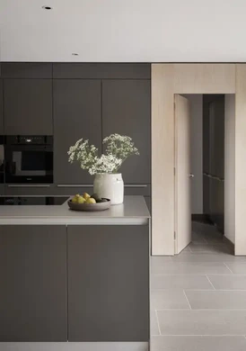 Floor-to-ceiling anthracite kitchen cabinetry with minimalist handleless design