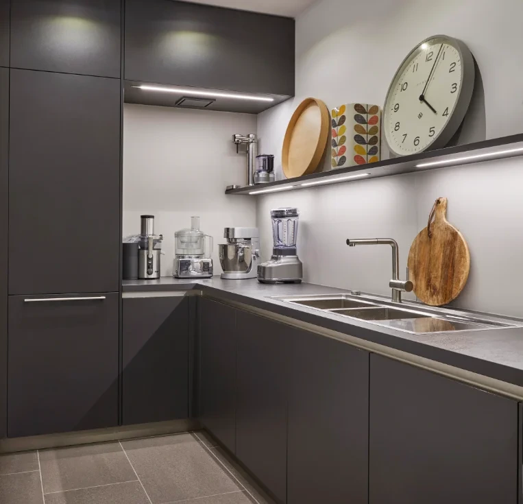 Dark Grey Scullery kitchen space behind bulthaup kitchen