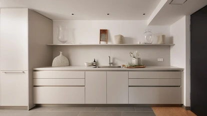 White Laminate utility room with built-in storage, worktop and sink.