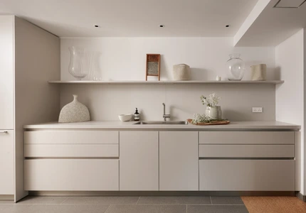 White Laminate utility room with built-in storage, worktop and sink.