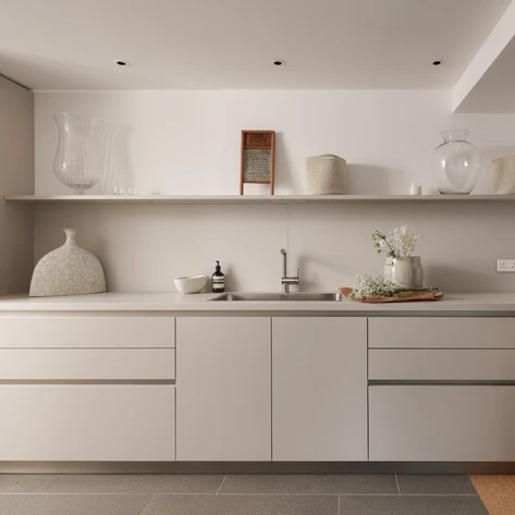 White Laminate utility room with built-in storage, worktop and sink.