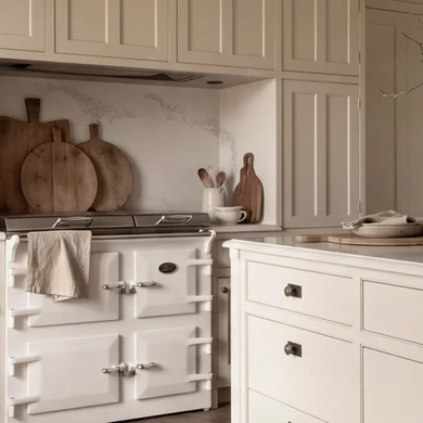 Bespoke kitchen Traditional painted kitchen with glazed cabinets, open shelving and a range cooker