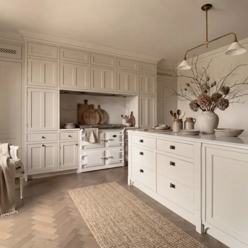 Off-white painted kitchen cabinetry with traditional beaded detailing