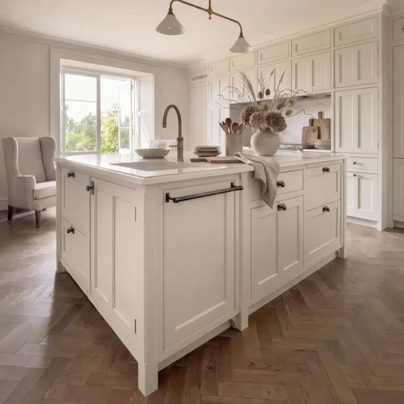 Traditional kitchen with antique brass lighting and matching Quooker tap