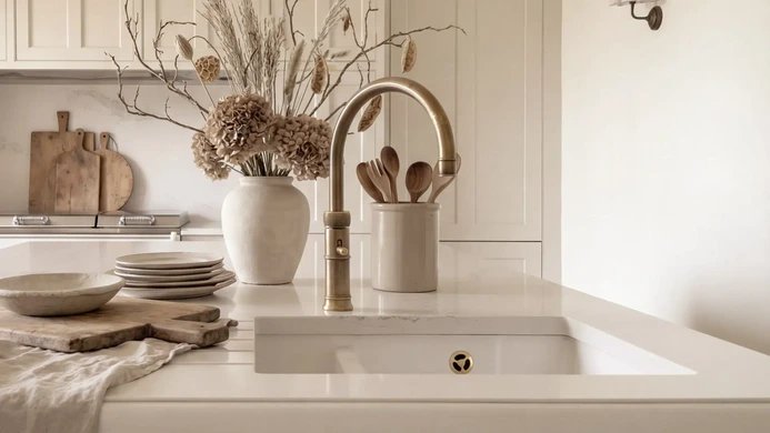 Quooker Fusion tap in patinated brass beside white undermounted sink