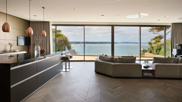 Large open-plan kitchen with overlooking the sea