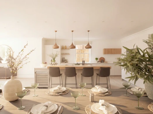 Open-plan new-build kitchen with island and pendant lighting