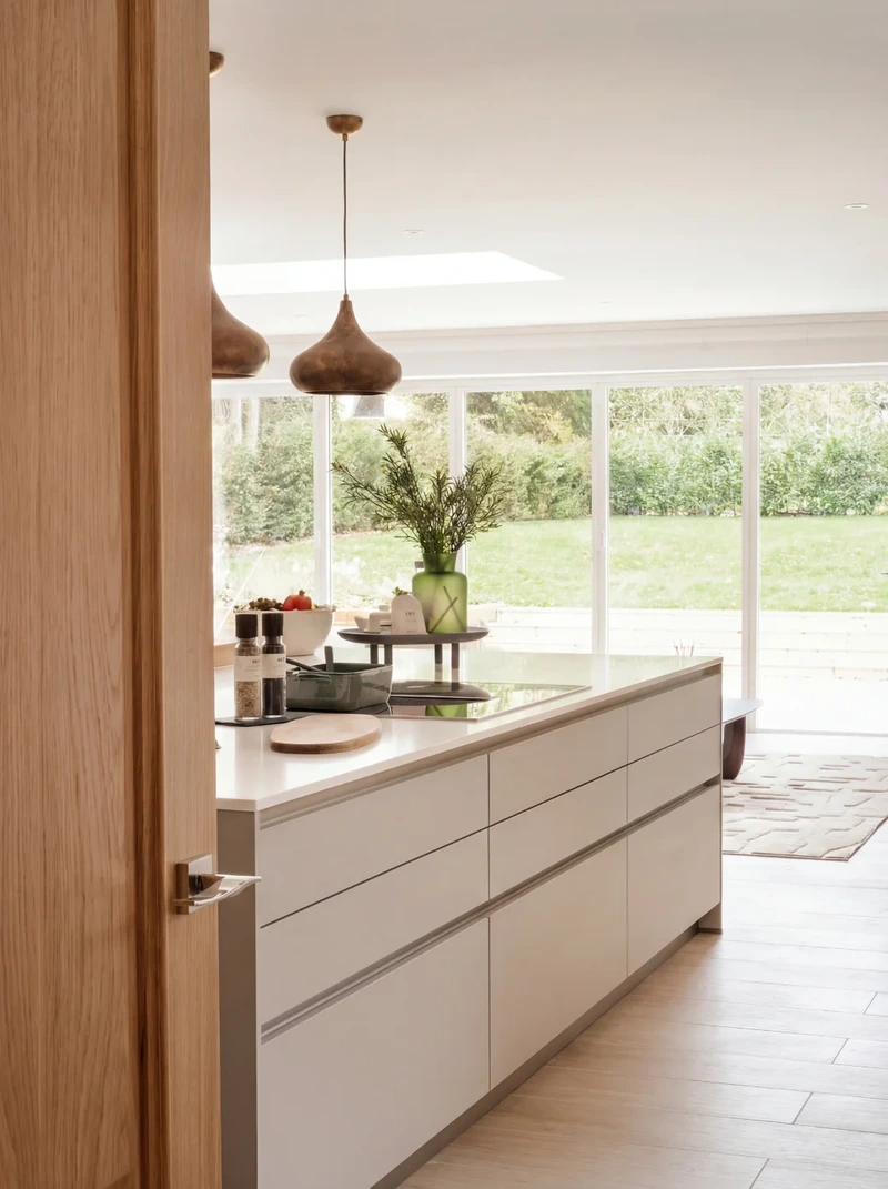 Handleless neutral cabinetry with built-in hob and timber accent door