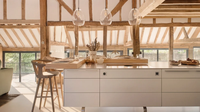 Open-plan barn conversion kitchen with exposed structural oak beams