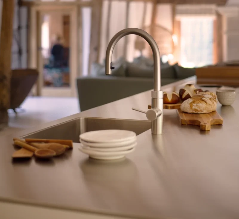 Quooker Flex tap fitted into stainless steel bulthaup worktop