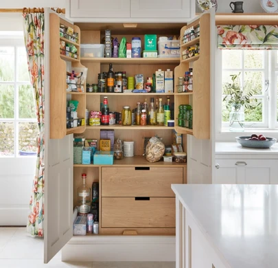 Bespoke kitchen larder with timber drawers and open pantry storage