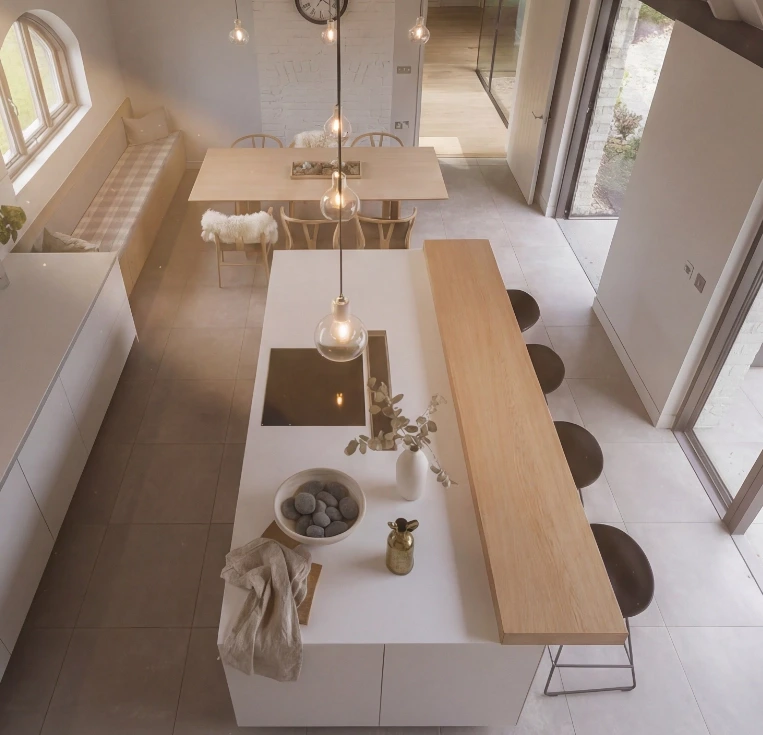 Contemporary family kitchen with long island and open-plan layout