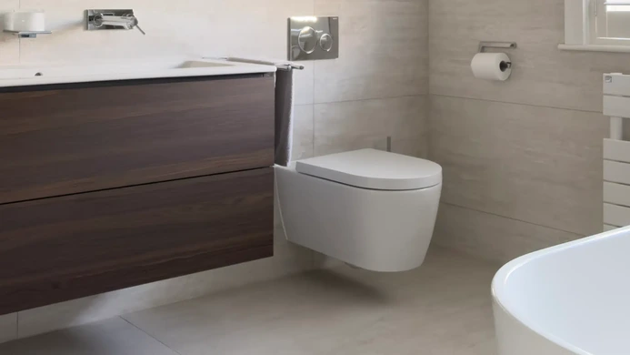 Dark timber vanity with wall-mounted basin and contemporary toilet