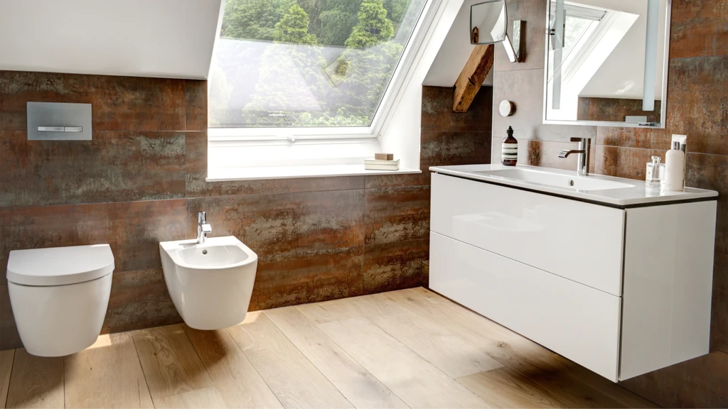 Wall-mounted bathroom vanity with handleless drawers and stone worktop
