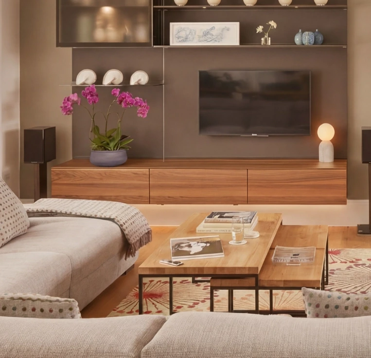 Contemporary media wall designed as part of an open-plan living room