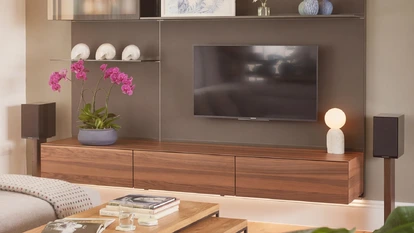 Modern lounge with integrated TV media wall, shelving and walnut cabinetry