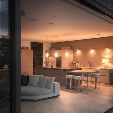 bulthaup kitchen with integrated lighting in an evening setting