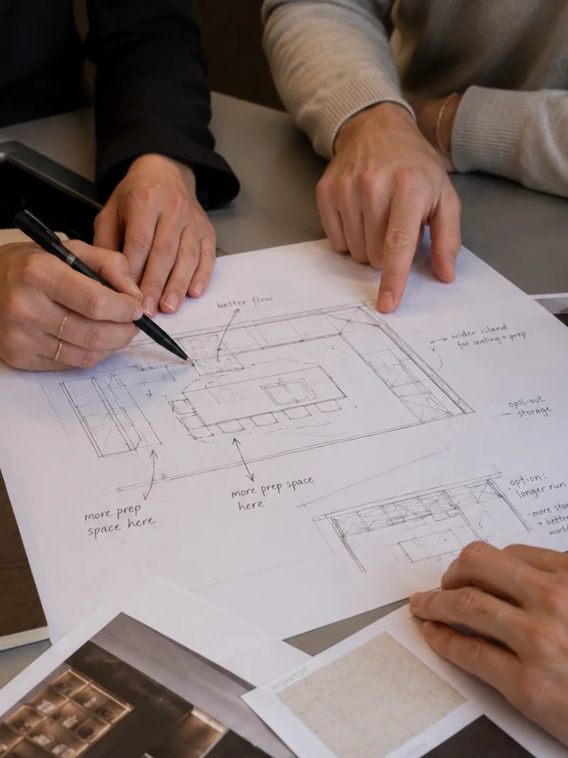 Designer and client pointing to details on a printed kitchen plan during a design discussion.