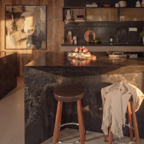 Arrital AK_Project display at the Winchester studio with dark cabinetry and a stone island.