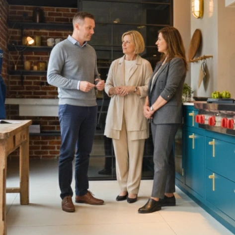 Clients discussing their bathroom project with a Hobson's Choice designer in the showroom