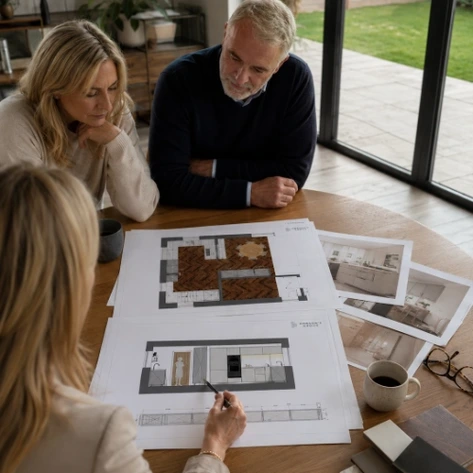 Bathroom designer reviewing material samples and project requirements with clients