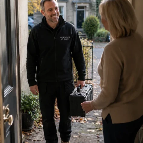 Hobson's Choice installer arrives at a client door for a service appointment