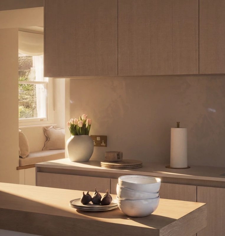 Sunlit white oak cabinetry and breakfast station viewed across the oak breakfast bar