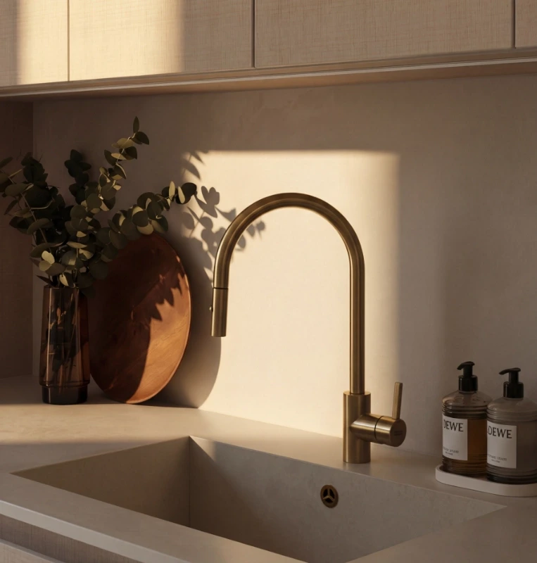 Brushed gold kitchen tap with white oak cabinetry and neutral worktop