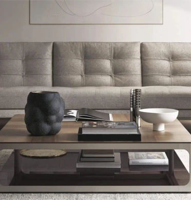 Rimadesio Sixty coffee table with a slim dark frame in front of a deep upholstered sofa