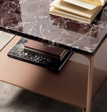 Rimadesio coffee table materials including marble, metal and glass finishes