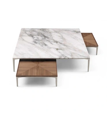 Rimadesio coffee tables shown with white stone tops and timber storage trays