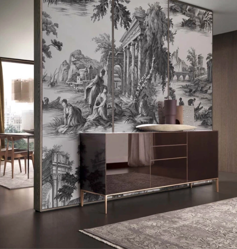 Freestanding Rimadesio Self Up sideboard on slender aluminium feet, shown against a monochrome mural wall.