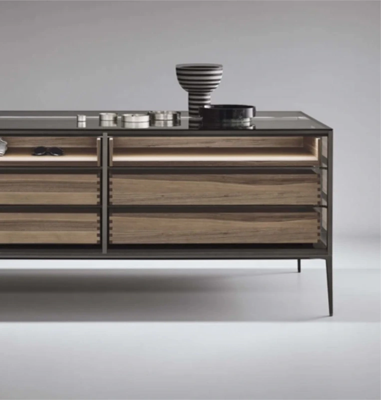 Rimadesio Alambra Isola display sideboard with glass-fronted compartments, bronze-toned drawers and a slim dark frame.