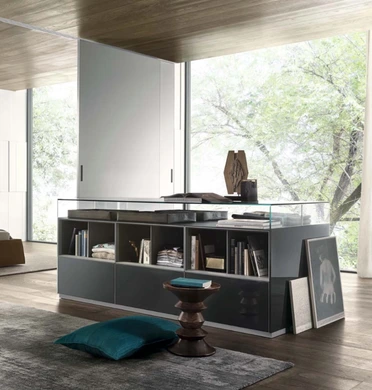 Rimadesio Dolmen double-sided display cabinet with a transparent glass upper section and dark lacquered base.